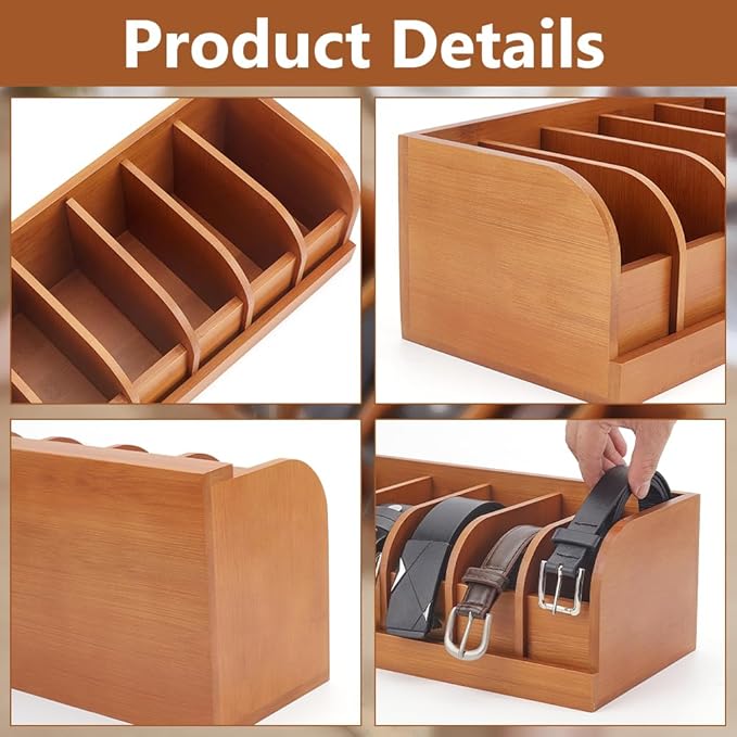 CUTHOLLOW Belt Organizer for Closet, 7 Compartments Wood Belt Storage Holder for Drawer, Bamboo Belt and Tie Box Organizer Display Case for Women Men
