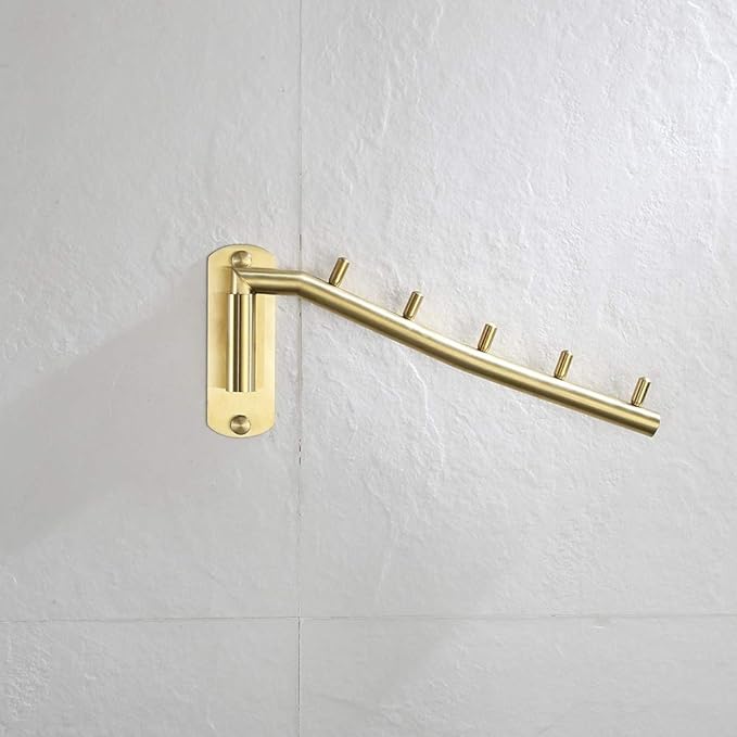 JQK Folding Clothes Hanger Rack, Stainless Steel Swing Arm Hook Holder, Clothing Hanging System Drying Closet Storage Organizer Brushed Gold Wall Mount, SHR100-BG
