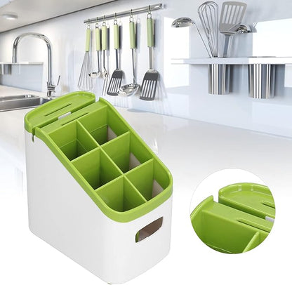Tissting Cutlery Storage Box with Knife Rack, 6 Compartment Storage Organizer for Flatware, Forks, Knives, Spoons and Brushes, Multipurpose Tableware Rack for Kitchen Countertop(6.5x6.7x4.1in)