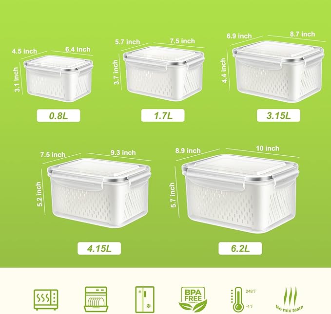 10 PS Fridge Food Storage Container with Colander, Plastic Fresh Produce Saver Keeper for Vegetable Fruit Berry Salad Lettuce Meat Fish, BPA Free Kitchen Refrigerator Organizer Bins (6.2L-0.8L)