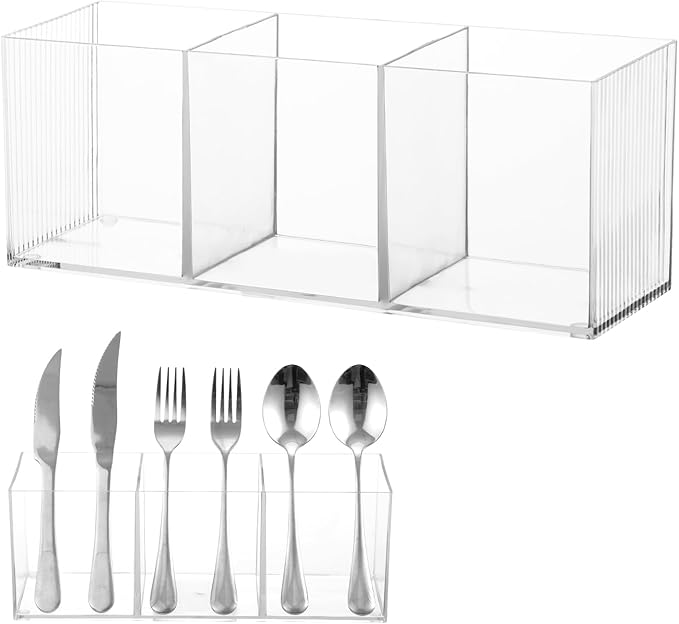 Cutlery Storage Organizer, Silverware Caddy with 3 Cavities Clear Silverware Holder Knife Fork and Spoon Organizer Tableware Storage Box for Kitchen Countertop Dining Room Home Office Desk Party Table