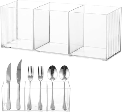 Cutlery Storage Organizer, Silverware Caddy with 3 Cavities Clear Silverware Holder Knife Fork and Spoon Organizer Tableware Storage Box for Kitchen Countertop Dining Room Home Office Desk Party Table