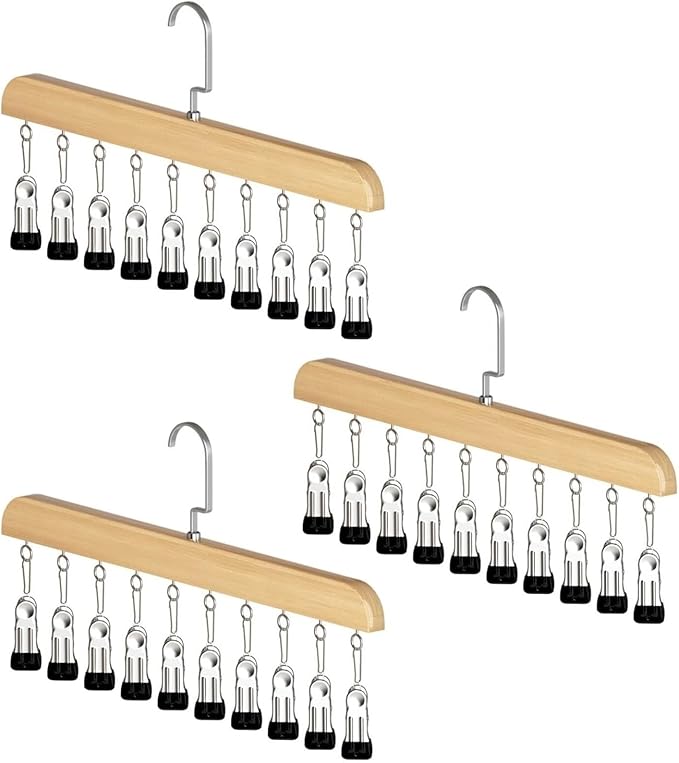 10-Clip Hanging Closet Organizer, Space Saving Pants Hanger with Adjustable Clips, Multi-Layer Garment Rack for Ties, Scarves, Belts, Clothes Storage(3*Wood)