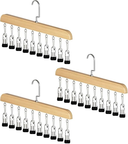 10-Clip Hanging Closet Organizer, Space Saving Pants Hanger with Adjustable Clips, Multi-Layer Garment Rack for Ties, Scarves, Belts, Clothes Storage(3*Wood)
