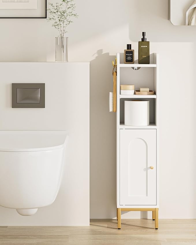 Bathroom Storage Cabinet, Small Corner Floor Hutch with Door and Adjustable Shelves, Narrow Toilet Paper Cabinet with Two Hooks, Bathroom Organizer for Small Spaces