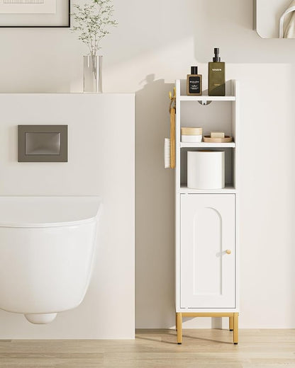 Bathroom Storage Cabinet, Small Corner Floor Hutch with Door and Adjustable Shelves, Narrow Toilet Paper Cabinet with Two Hooks, Bathroom Organizer for Small Spaces