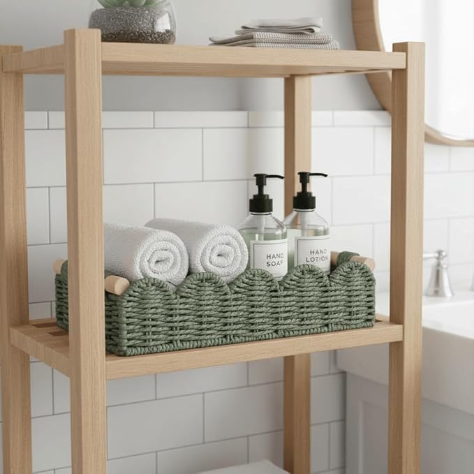 CubesLand Toilet Paper Storage Basket Organizer, Small Wicker Toilet Tank Top Decorative Baskets for Countertop, Handwoven Scalloped Basket w/handle for Home Decor, Living Room, Bedroom, Green
