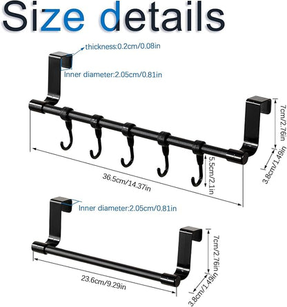 INCREWAY 2Pcs Towel Holder, Over Cabinet Door Towel Rack with Hooks, Multi-Purpose Kitchen Towels Rack and Hanger Organizer for Sink Bathroom Pantry Door (Black)