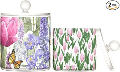 2 Pack Qtip Dispenser Apothecary Jars with Lids Cotton Round Holder Bathroom Canisters for Cotton Swab Floss Ball Pads Clear Plastic Decorative Tulips Lavenders Purple Butterfly