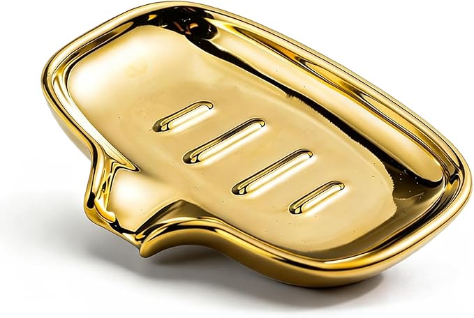 Gold-Plated Ceramic Soap Dish, Self-Draining Bar Soap Holder with U-Shaped Drainage, Decorative Soap Tray for Bathroom Shower & Kitchen Sink
