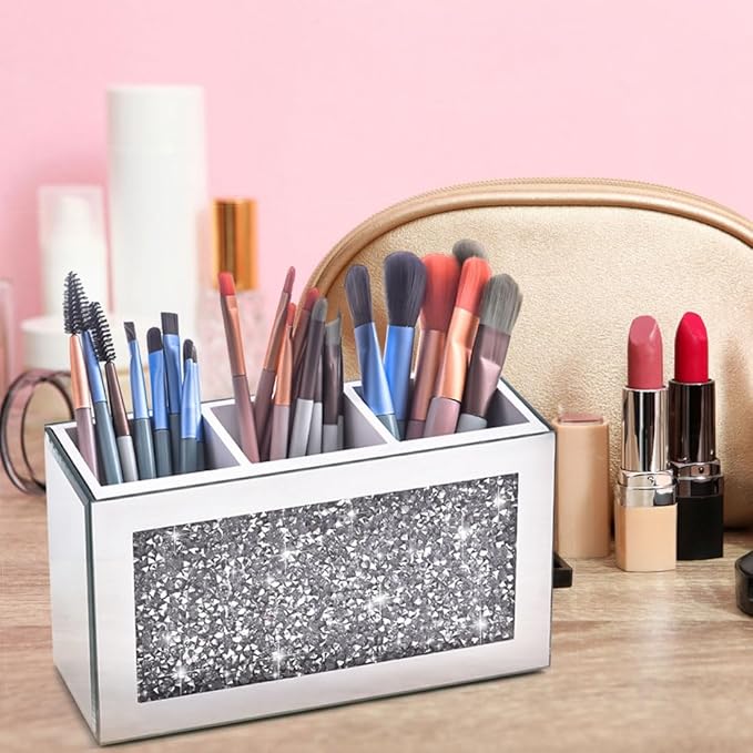 Mirrored Makeup Brush Holder Organizer, 3 Compartments Cosmetic Brush Storage Holders, Crushed Diamond Remote control holder, Pen and Pencil Holder for Desk, Eyeliners Display Case for Vanity