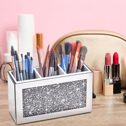 Mirrored Makeup Brush Holder Organizer, 3 Compartments Cosmetic Brush Storage Holders, Crushed Diamond Remote control holder, Pen and Pencil Holder for Desk, Eyeliners Display Case for Vanity