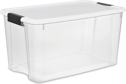 STERILITE 19889804 70 Quart/66 Liter Ultra Latch Box, Clear with a White Lid and Black Latches, 8-Pack