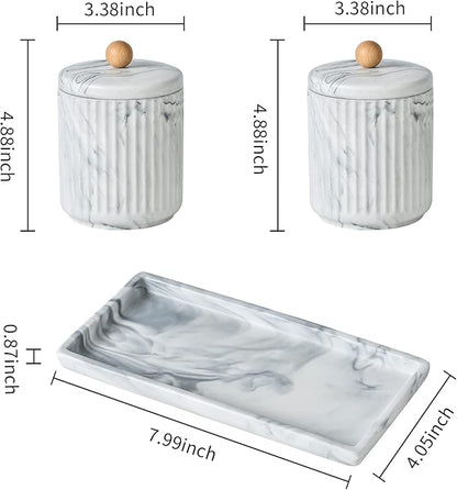Marble Small Bathroom Jar Set ，Ceramic Cotton Swabs Holder with Lid and Dresser Organizer Set Tray for Storage and Organizing in Bathroom, Dresser, Kitchen, Office