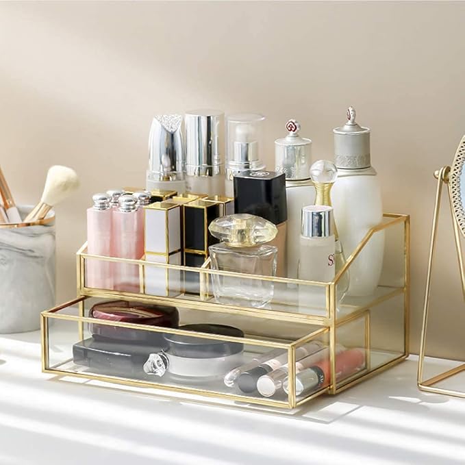 L-Lei Cosmetics Storage,Clear Glass Makeup Brush Holder, Cosmetic Storage for Holding Brushes Nail Polish Lipstick, Dresser Desktop Decorative