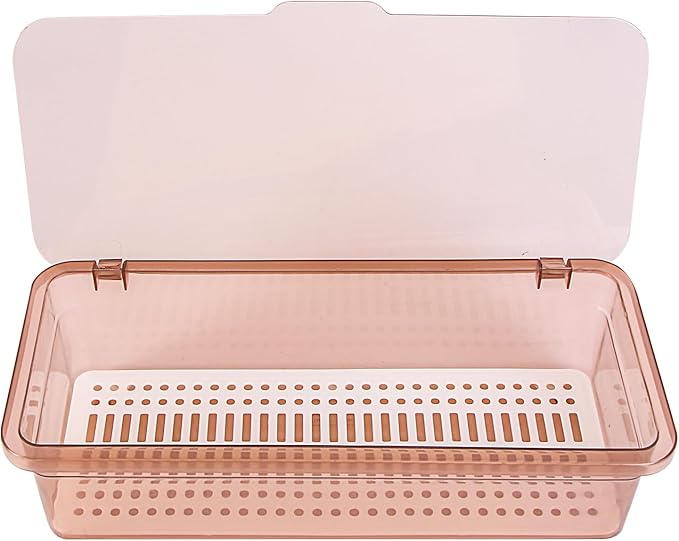 Plastic chopsticks drain storage box with lid - kitchen utensil organizer for countertop - covered holder for silverware, forks, and cutlery - 11.02 x 5.12 x 2.76 inches (brown)