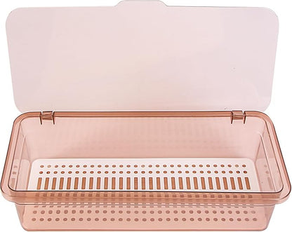 Plastic chopsticks drain storage box with lid - kitchen utensil organizer for countertop - covered holder for silverware, forks, and cutlery - 11.02 x 5.12 x 2.76 inches (brown)