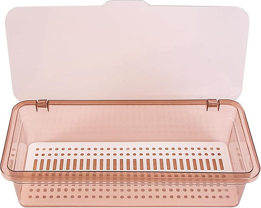 Plastic chopsticks drain storage box with lid - kitchen utensil organizer for countertop - covered holder for silverware, forks, and cutlery - 11.02 x 5.12 x 2.76 inches (brown)