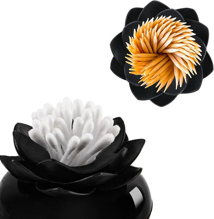Bloss Lotus Cotton Swab Holder, Cotton Swabs Dispenser, Small Qtips Box, Toothpicks Container, Flower Qtip Holder for Bathroom Decor - Black