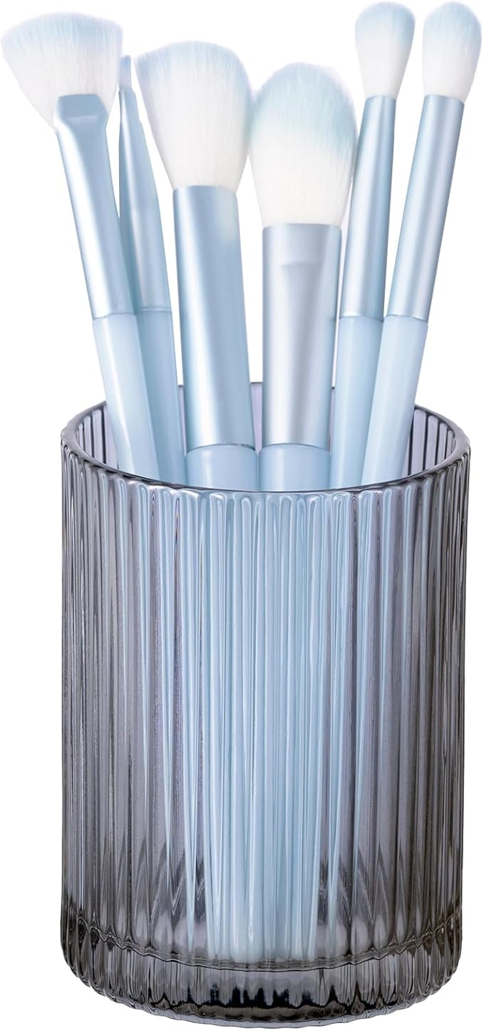 DASITON Makeup Brush Holder Organizer, Crystal Cosmetic Makeup Brushes Storage Holder, Glass Make Up Brush Holder, Vintage Striped Make Up Cup Desk Pen Pencil Holder, Toothbrush Holders (Gray S)