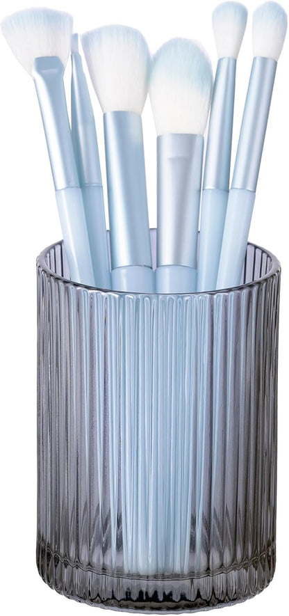 DASITON Makeup Brush Holder Organizer, Crystal Cosmetic Makeup Brushes Storage Holder, Glass Make Up Brush Holder, Vintage Striped Make Up Cup Desk Pen Pencil Holder, Toothbrush Holders (Gray S)