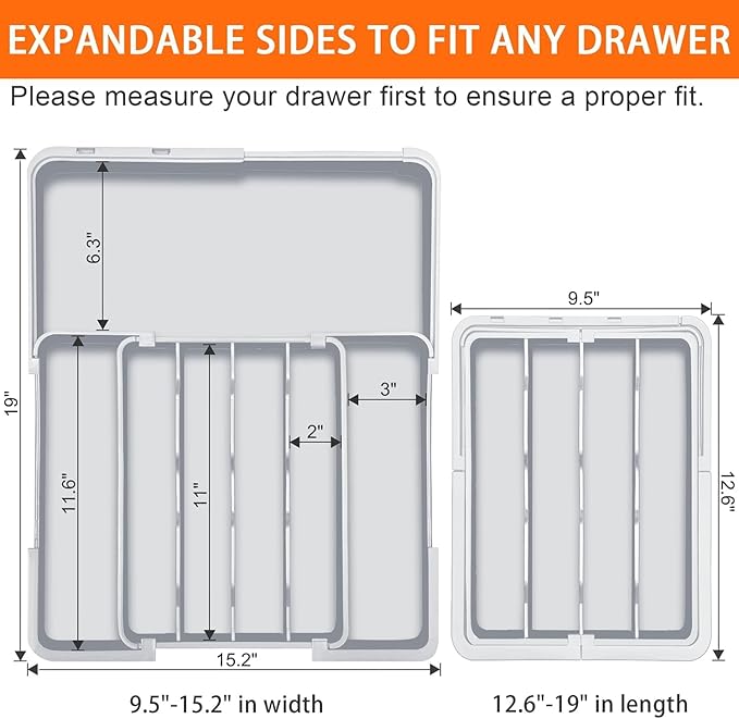 Silverware Organizer Expandable Utensil Drawer Organizer Adjustable Drawer Organizer, Flatware Cutlery Silverware Tray for Spoons Forks Knives Kitchen Organizers Storage (Gray)