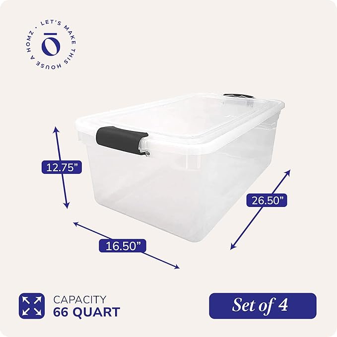 HOMZ 4-Pack Secure Latch, Clear Plastic Storage Organizer Bins, 66 Quart, Gray Latches - Stackable Container Boxes for Bedroom, Bathroom, Garage, and Office Organization