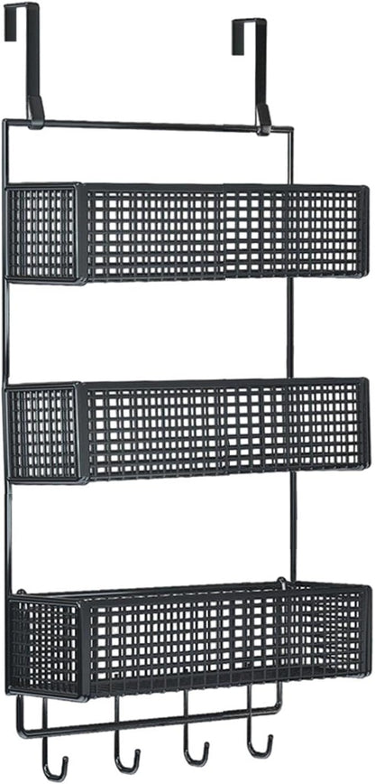 Over The Door Organizer Wall Mounted Shelf Large Capacity Seasoning Shelves Door Back Metal Wire Basket for Cabinet Bedroom, S Black