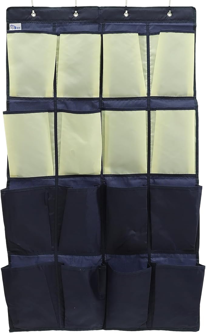 Hanging Shoe Organizer with 16 Oxford Fabric Pockets, Over-the-door Closet Shoe Bag Pouch for Space-saving Storage, Blue Yellow, Suitable for Home and Closet Use
