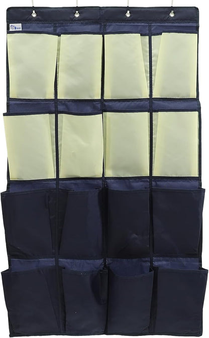Hanging Shoe Organizer with 16 Oxford Fabric Pockets, Over-the-door Closet Shoe Bag Pouch for Space-saving Storage, Blue Yellow, Suitable for Home and Closet Use