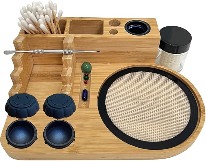 Bamboo Desk Organizer,Carving Tool Organizer with Non-sticky Mat and Silicone Container (21 x 16 x 4.5cm)