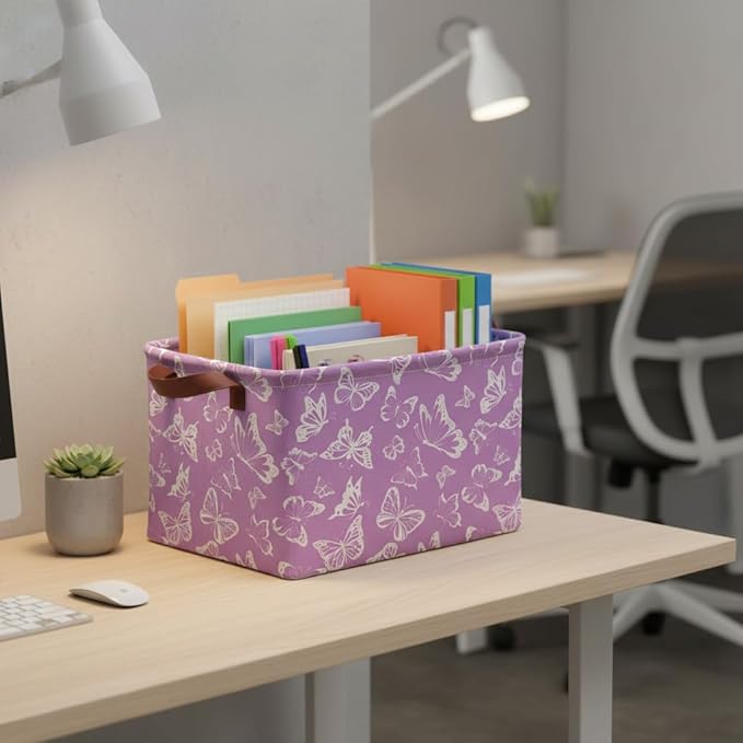 Purple Butterfly Storage Basket Waterproof Canvas Toy Storage Bin Decorative Collapsible Outdoor Basket with Leather Handles Purple Gifts Basket For Closets,Bedrooms,Home,Bathroom