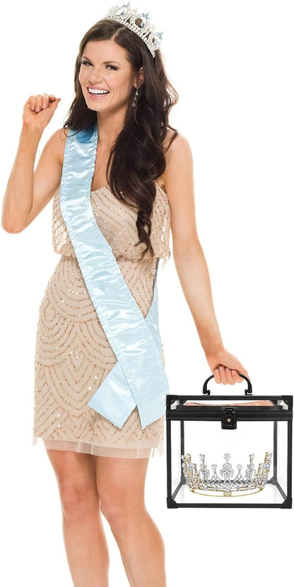 9inches Wide Pageant Crown Box Tiara Carrying Case Extra Large with Sash Holder Clear Acrylic Display Case,Toiletry and Cosmetic Organizer (Black, 230 * 230 * 190mm)