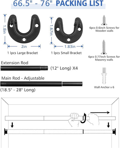 Closet Rods for Hanging Clothes - Heavy Duty, Length Adjustable (Black, 66.5" - 76")