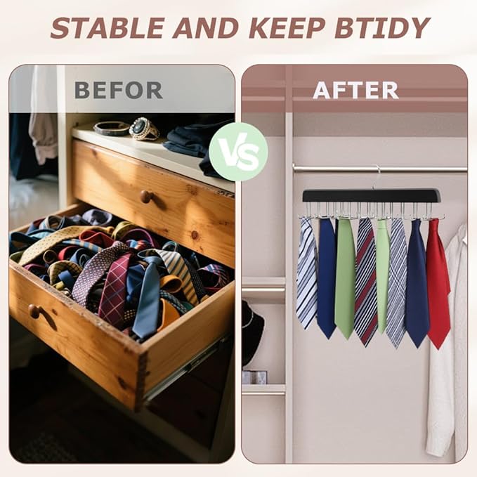 2 Pack Tie Rack Belt Hanger with 20 Foldable Metal Hooks, Space Saving Necktie Organizer for Men Wooden Belt Tie Organizer for Tank Tops Bras Cami Scarves