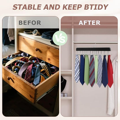 2 Pack Tie Rack Belt Hanger with 20 Foldable Metal Hooks, Space Saving Necktie Organizer for Men Wooden Belt Tie Organizer for Tank Tops Bras Cami Scarves