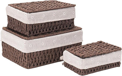 GIB Wicker Woven Storage Baskets with Lids Set of 3 Size, Decorative Paper Rope Small Nesting Baskets Removable Liner Container Bins for Shelves Pantry Table Keys Gifts Makeup Organizer, Brown