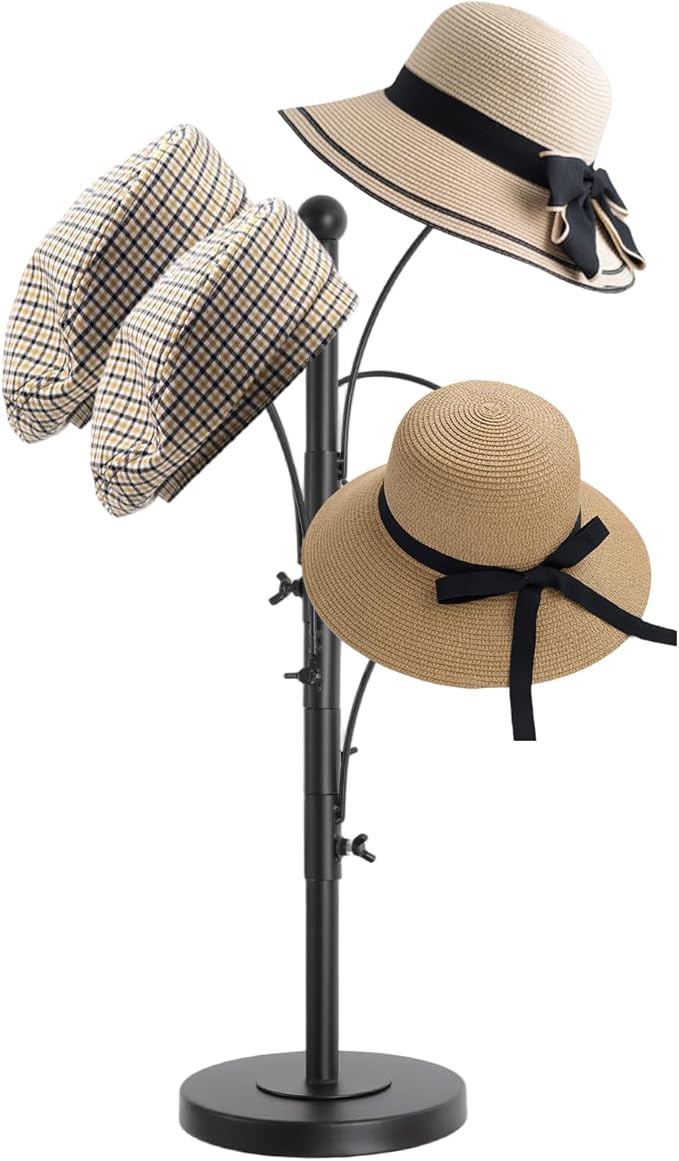 DYRABREST 5 Round Hooks Hat Stand, 28" H Metal Hats and Wigs Display Rack with Adjustable Height, Baseball Cap Organizer Headwear Rack for Home Closet Retail Store (Black, 5 Hooks)