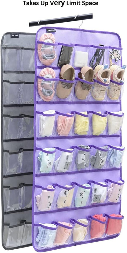 Hanging Baby Shoes Organizer Baby Headband Holder Closet Organizer for Baby Bow Socks Underwear with 30 Clear Pockets (PURPLE)