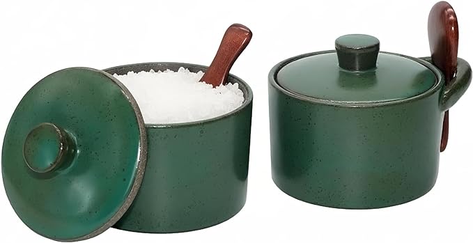 Handcrafted Speckled Ceramic Salt Cellar with Wooden Spoon, Rustic Vintage Spice Jar, Dishwasher Safe, 8.45 fl oz (Vintage Green set of 2)