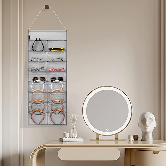 Wall Hanging Headband Organizer Ribbon Hair Hoops Storage Hairbands Hair Accessory Holder with Clear Pockets (GREY-16 POCKETS)