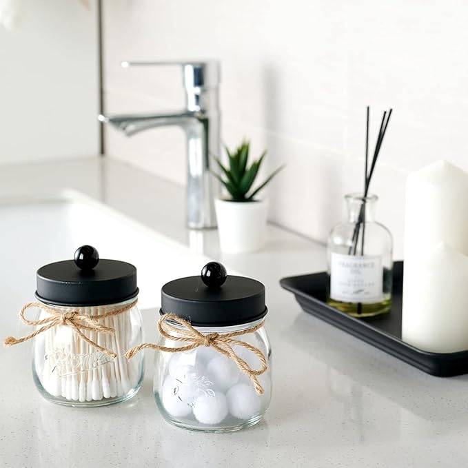 Amolliar Mason Jar Bathroom Vanity Organizer - Farmhouse Decor Qtip Dispenser Holder Canister Glass - 8oz Mason Jars &Stainless Steel Lids for Q-tips,Cotton Swabs,Rounds,Bath Salts,Ball/Black,2-Pack
