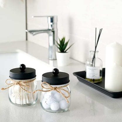 Amolliar Mason Jar Bathroom Vanity Organizer - Farmhouse Decor Qtip Dispenser Holder Canister Glass - 8oz Mason Jars &Stainless Steel Lids for Q-tips,Cotton Swabs,Rounds,Bath Salts,Ball/Black,2-Pack