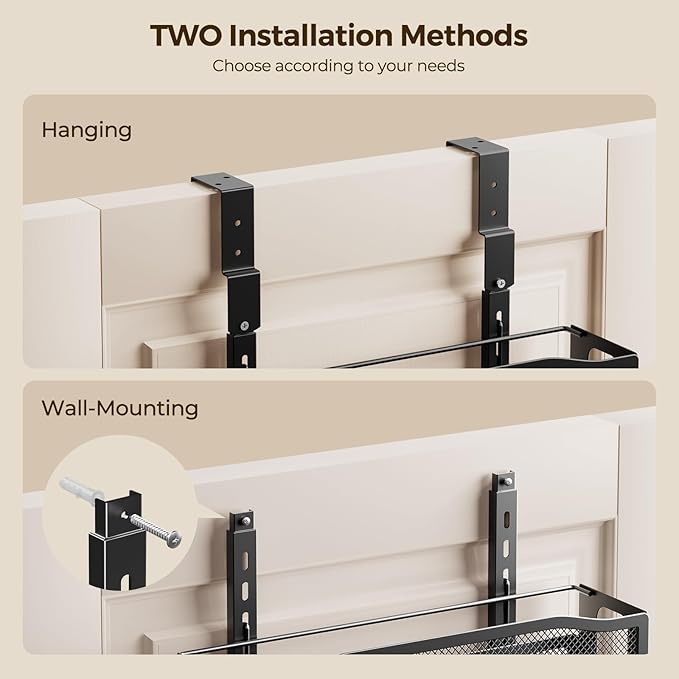 Delamu 8 Tier Over the Door Pantry Organizer, 2in1 Hanging or Wall Mount Spice Rack Seasoning, Adjustable Heavy-Duty Narrow Pantry Door Organizer and Storage for Kitchen Cabinet and Bathroom,12" Black