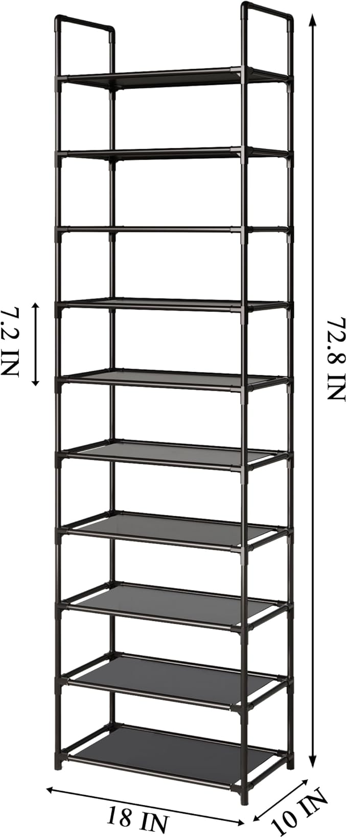 10-Tier Tall Shoe Rack for Closet, Entryway, Adjustable Sturdy Durable Shoe Shelf,Narrow Shoe Stand Organizer (18" W×10" D×72.8" H,Black)
