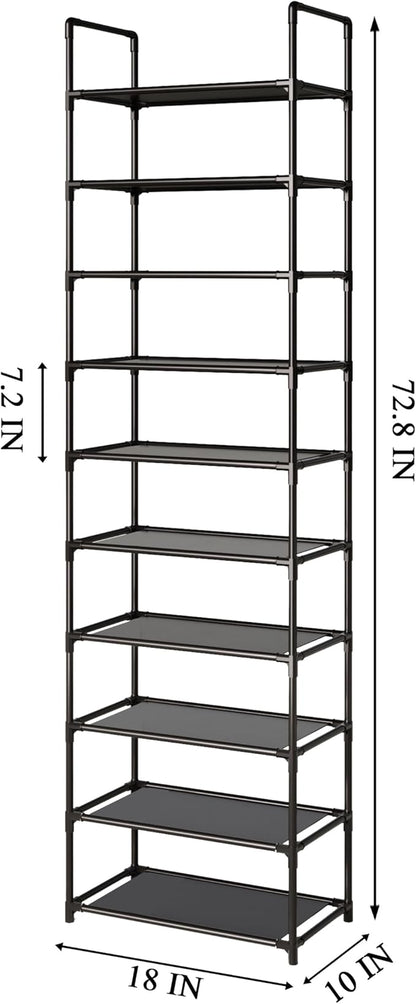 10-Tier Tall Shoe Rack for Closet, Entryway, Adjustable Sturdy Durable Shoe Shelf,Narrow Shoe Stand Organizer (18" W×10" D×72.8" H,Black)