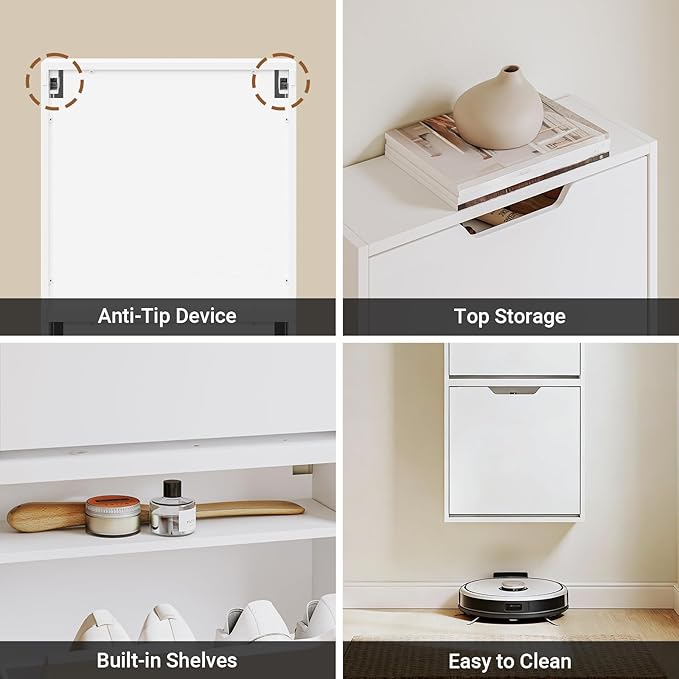 Haotian Wall Mounted Slim Shoe Cabinet for Entryway, Narrow Shoe Rack with 2 Flip Drawers, Hidden Shoe Storage Organizer, Vertical or Horizontal Mounting, Anti-Tip Design, White, FSR210-W