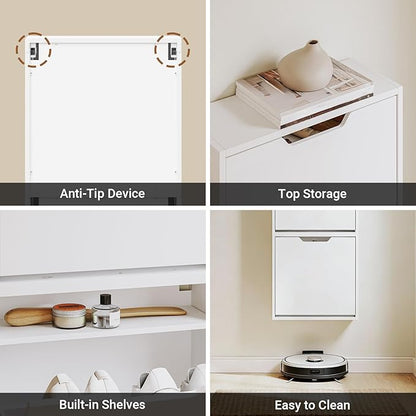 Haotian Wall Mounted Slim Shoe Cabinet for Entryway, Narrow Shoe Rack with 2 Flip Drawers, Hidden Shoe Storage Organizer, Vertical or Horizontal Mounting, Anti-Tip Design, White, FSR210-W
