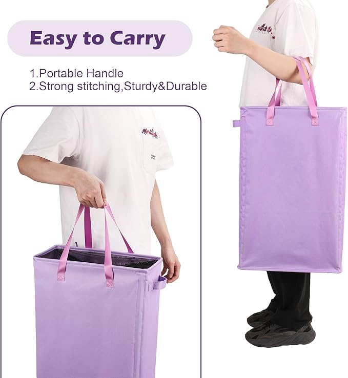 Odonata Slim Laundry Hamper Handles Collapsible Laundry Basket Thin Dirty Clothes Basket Narrow Laundry Bag Foldable Dirty Hamper 45L (Light Purple)