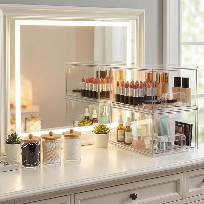 6 Pack Clear Stackable Storage Drawers & Qtip Holder Dispenser with Bamboo Lids, Acrylic Drawer Containers Plastic Organizer Bins for Makeup, Bathroom, Cabinet, Undersink